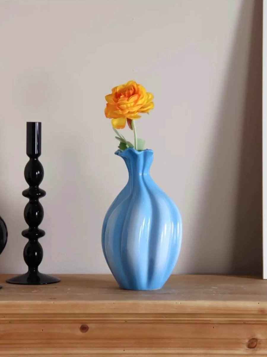 Handcrafted French Style Gradient Blue Ceramic Vase - Unique Flower Vessels